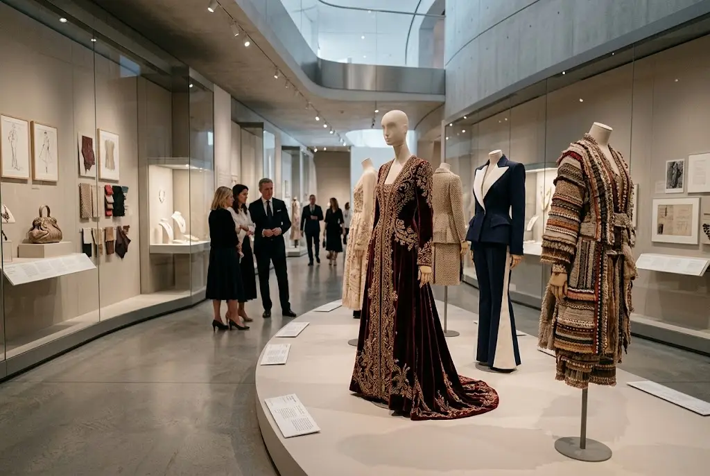 Designer garments displayed in an international fashion museum exhibition