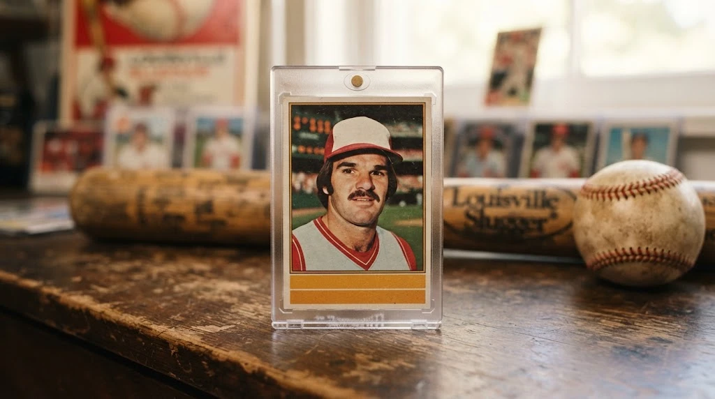 Vintage Pete Rose baseball card from the 1976 Topps set displayed in a protective holder