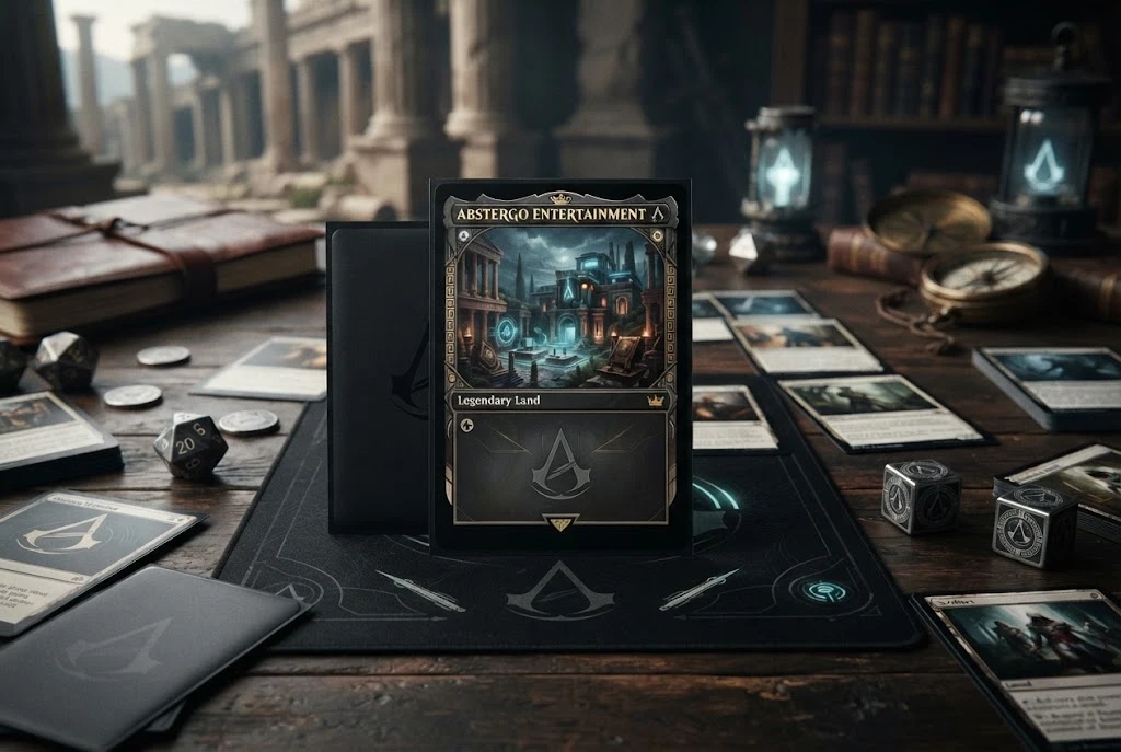Abstergo Entertainment MTG card represented on a strategic tabletop gaming setup