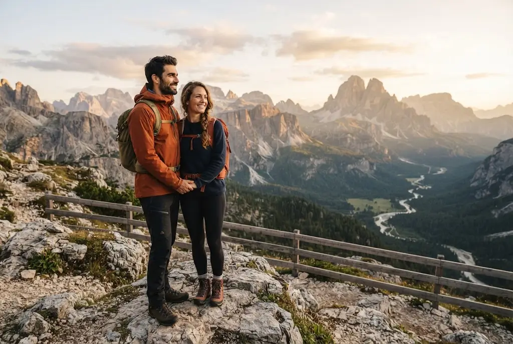 Adult couple enjoying an outdoor adventure together at a scenic mountain overlook