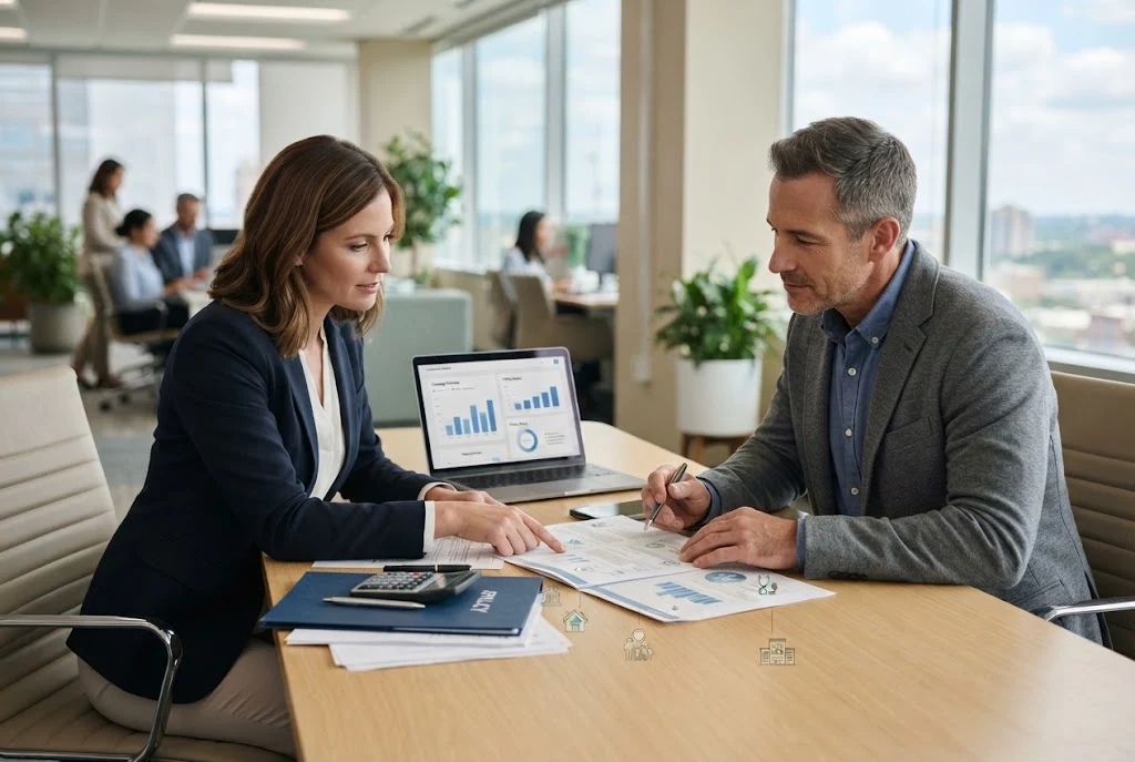 Insurance professional reviewing coverage documents with a client in a modern office