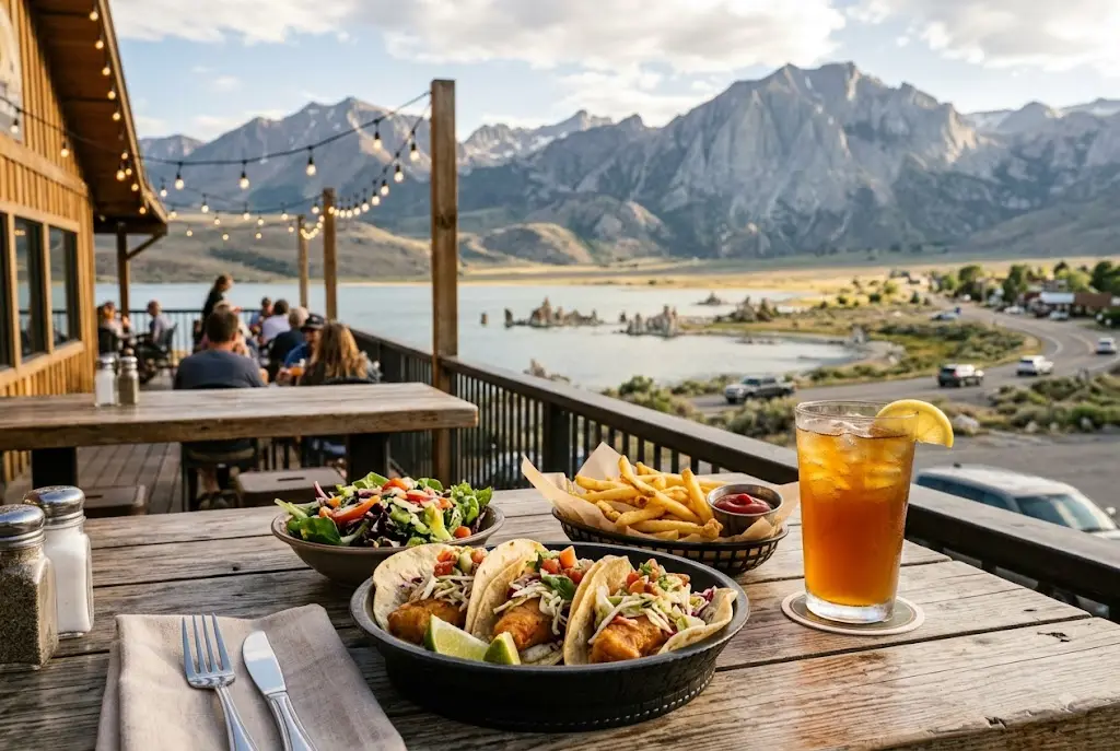 Casual meal served outdoors with Mono Lake and Eastern Sierra mountains in the background