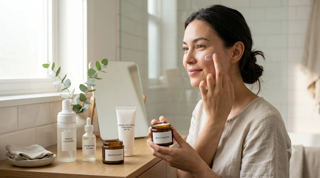 Simple skincare products arranged beside a person with naturally radiant skin