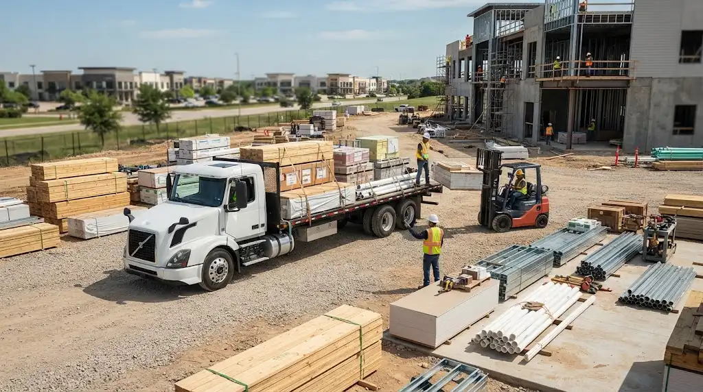 Construction materials being delivered and staged at a McKinney building site