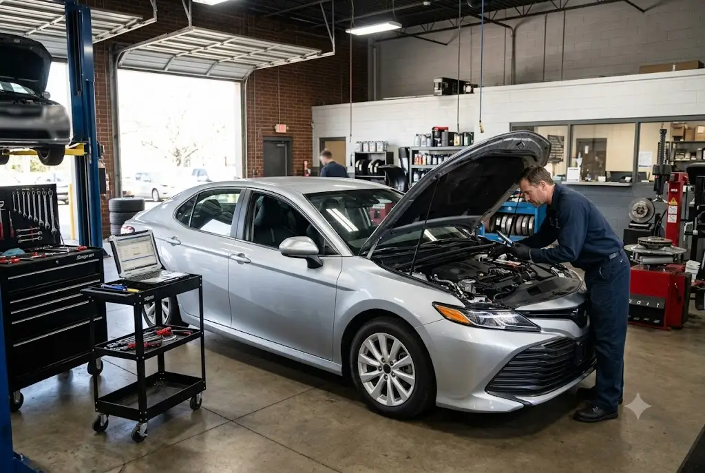 Mechanic inspecting a passenger car inside an independent auto repair workshop