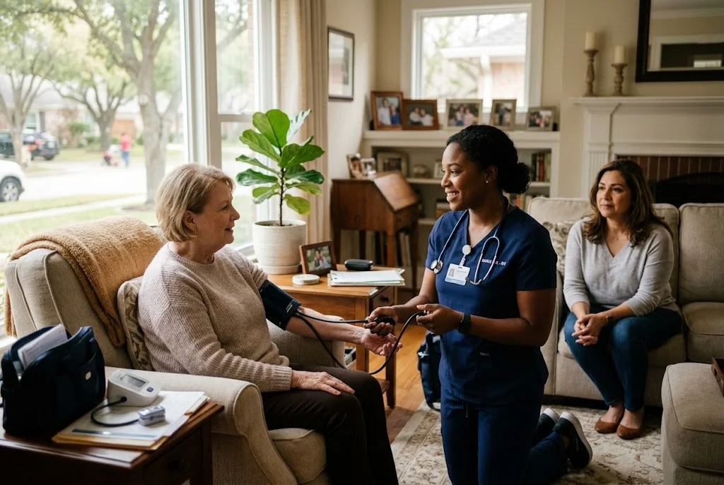 Home health nurse assisting an older adult in a comfortable Houston home