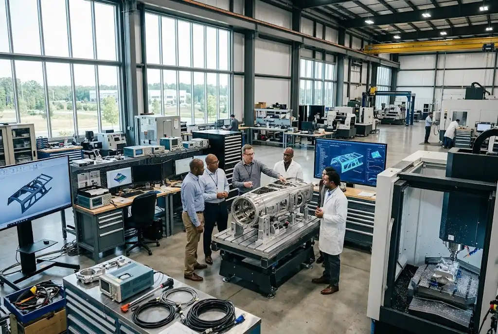 Corvid Technologies engineering facility with scientists and advanced manufacturing equipment