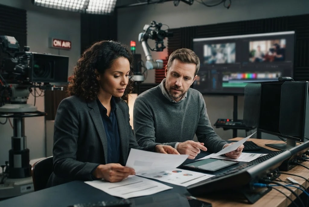 Video production professionals discussing digital entertainment privacy and consent in a studio