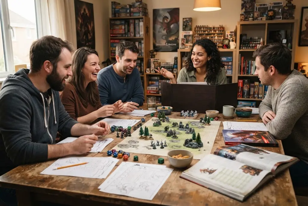 Friends playing a tabletop Dungeons and Dragons game with dice, maps, and miniatures