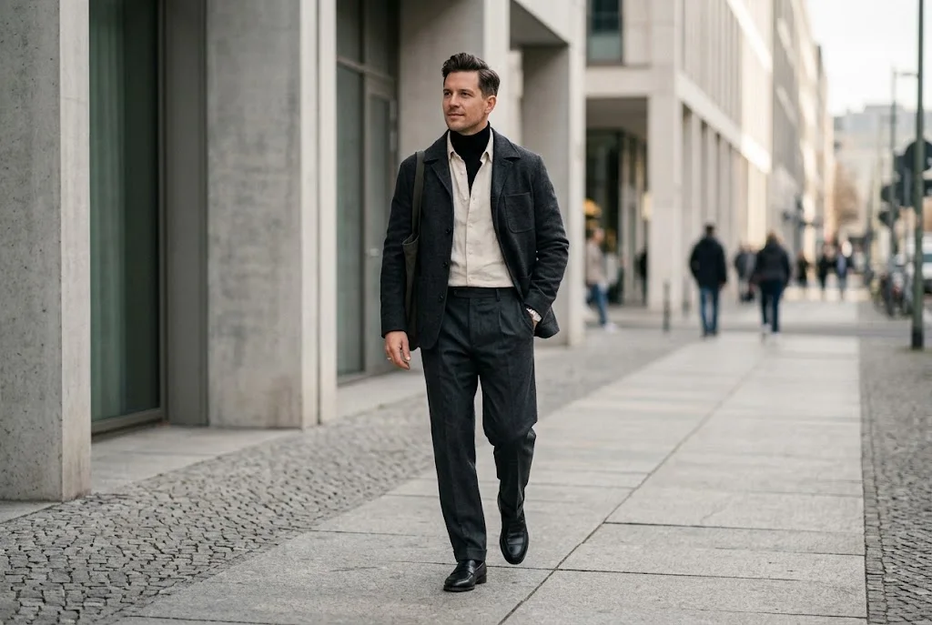 Stylish model wearing modern tailored clothing in a minimalist urban setting