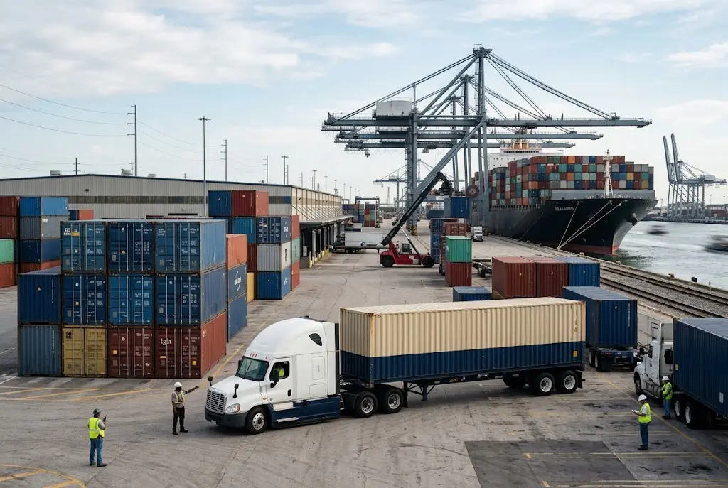 Cargo containers, ship, and truck at a modern international logistics terminal