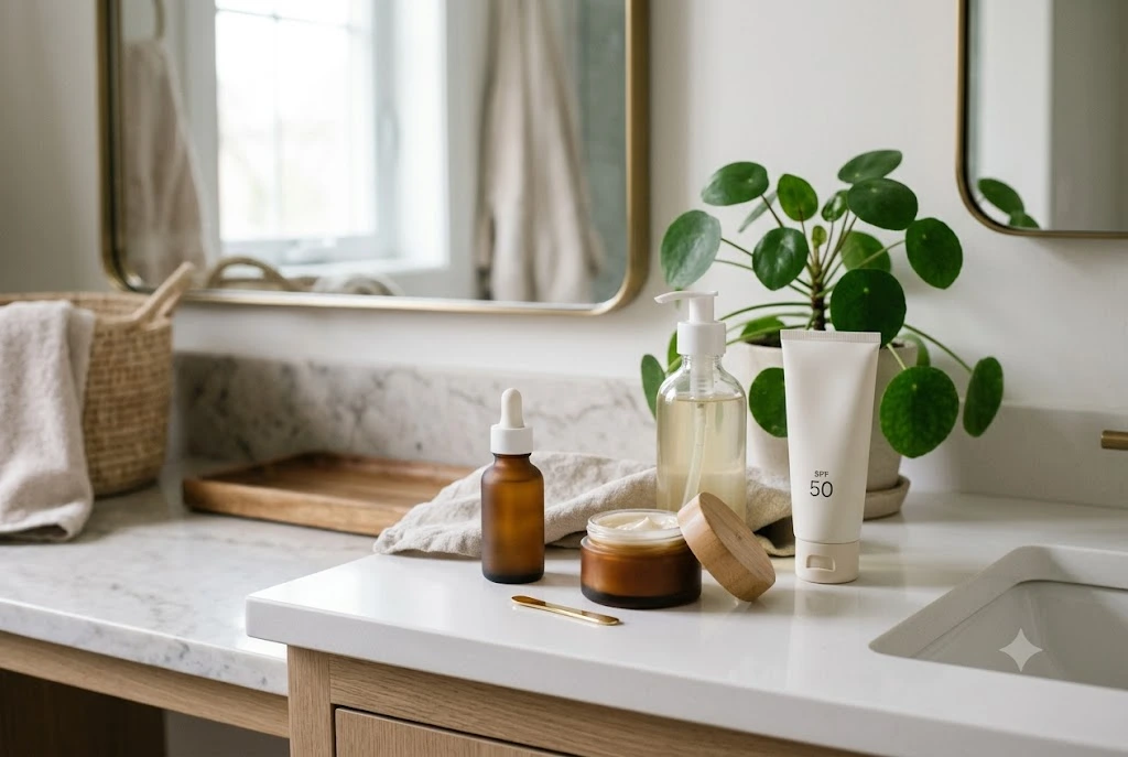 Unbranded skincare products arranged on a minimalist vanity for a daily skincare routine