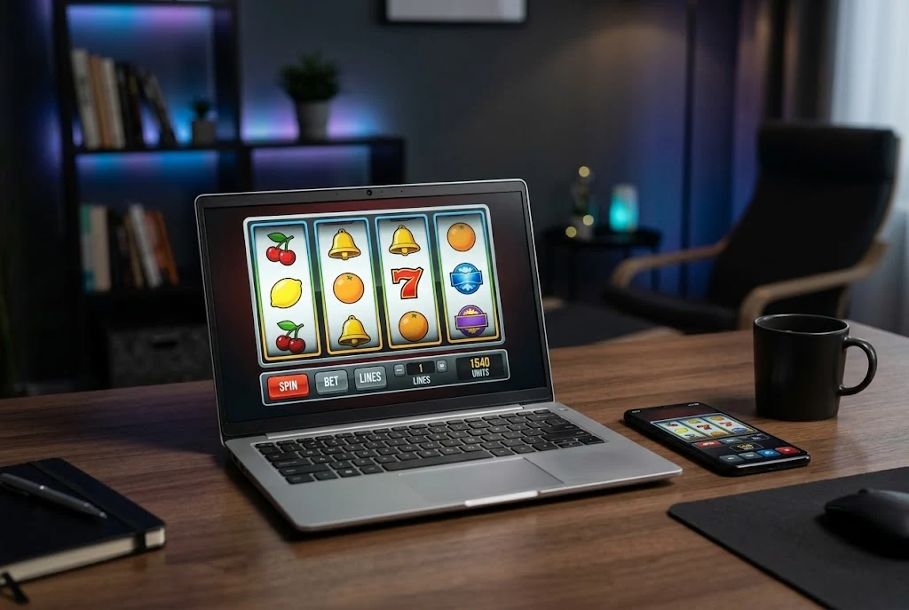 Laptop displaying a generic online casino gaming interface beside a smartphone