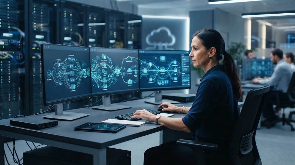 Enterprise data integration architecture connecting databases, cloud systems, applications, and analytics platforms