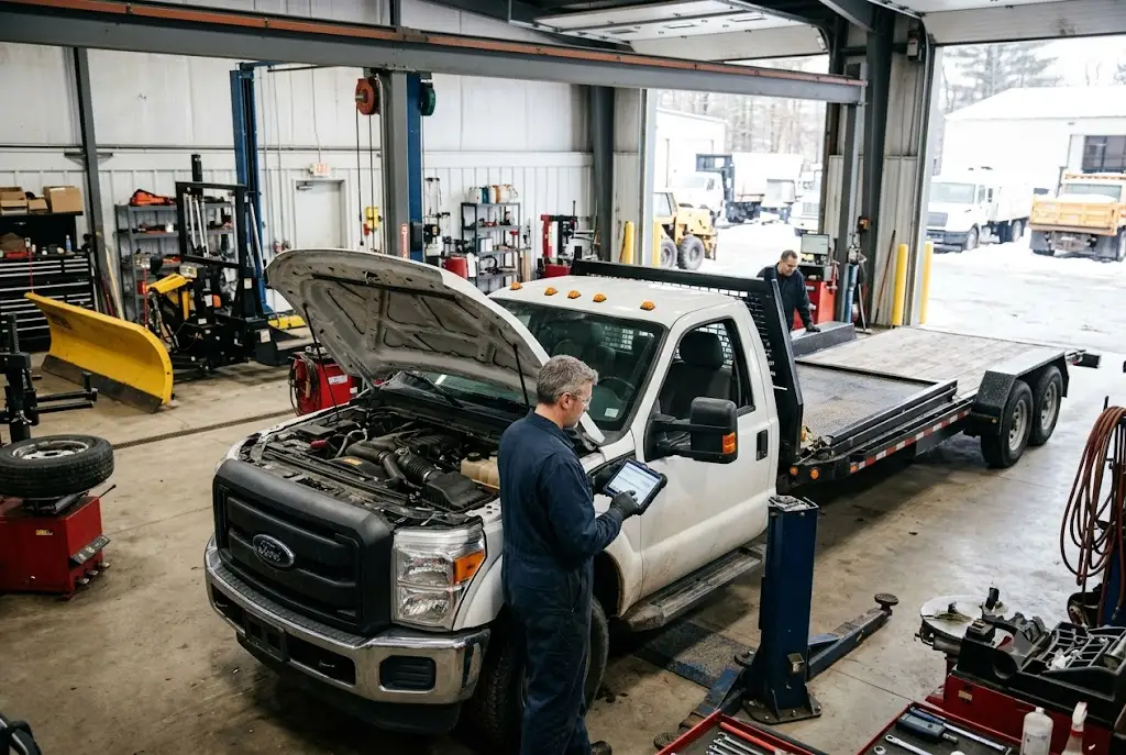 Mechanic inspecting a commercial truck and utility trailer in an auto service workshop