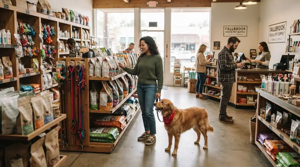 Pet owners browsing food, toys, and animal care supplies in a local Fallbrook pet store