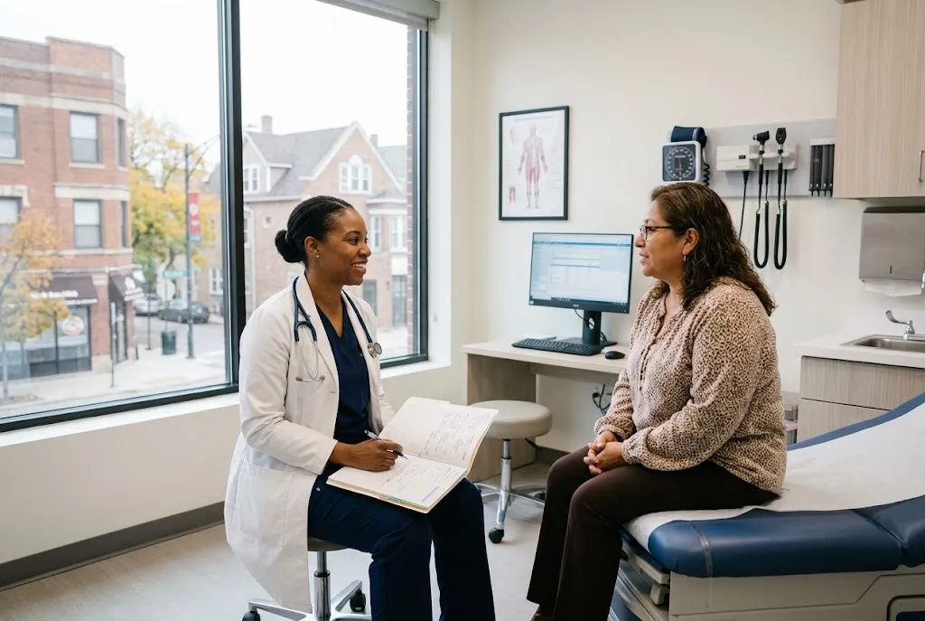 Healthcare professional speaking with a patient in a Chicago family health center