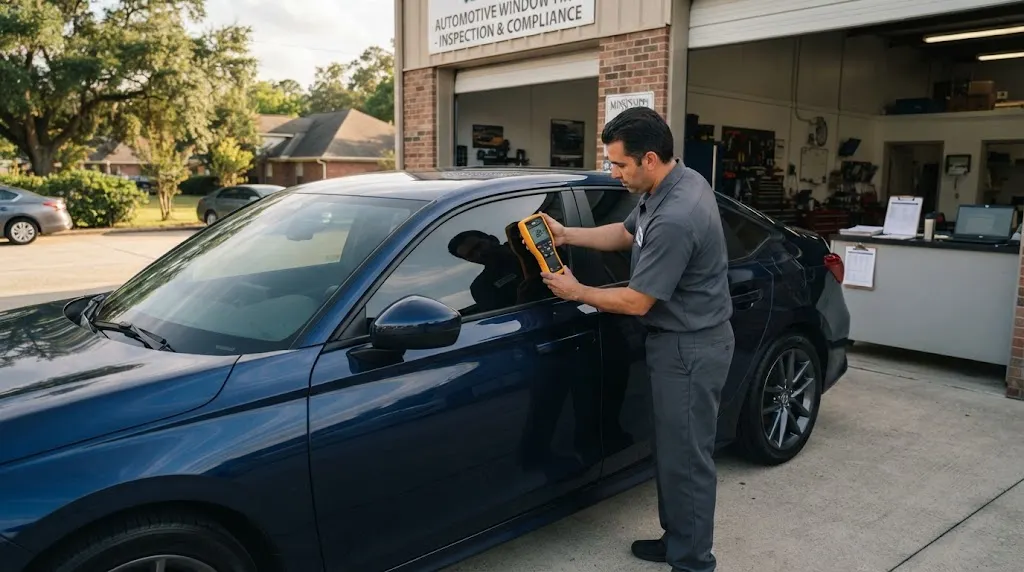 Professional testing vehicle window tint for legal compliance in Mississippi