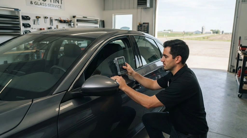 Professional testing vehicle window tint for Nebraska legal compliance