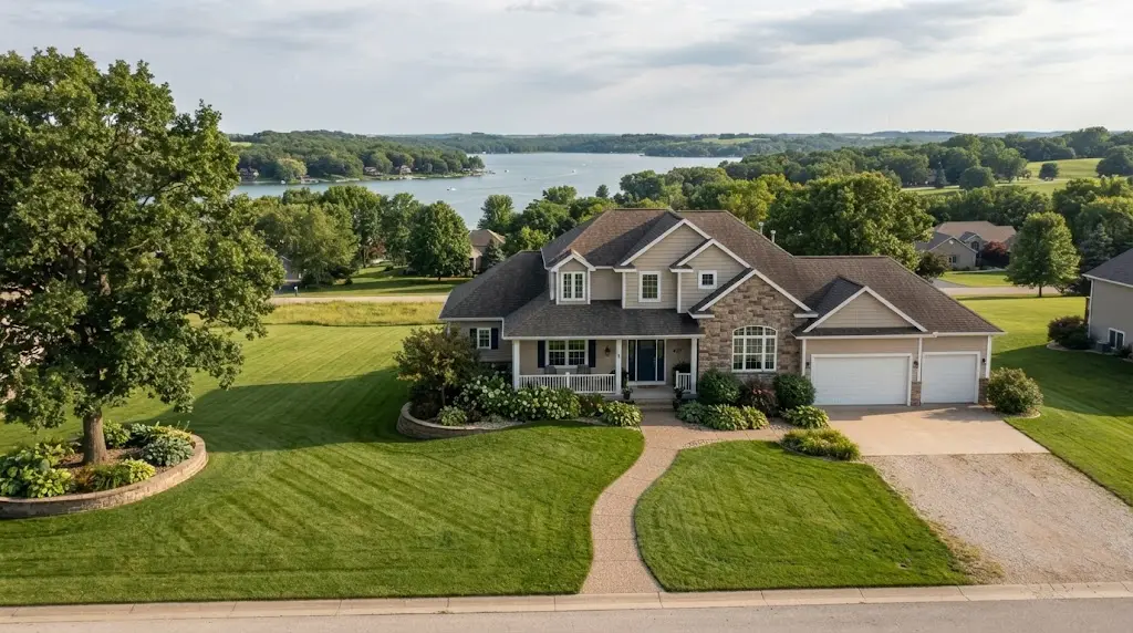 Panora Iowa real estate property with a spacious yard and scenic Midwestern landscape