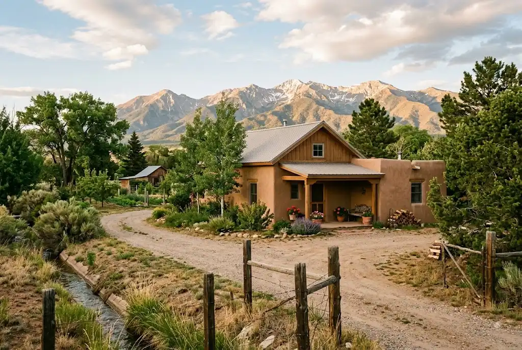 Adobe-style home on rural property with mountains in Penasco, New Mexico