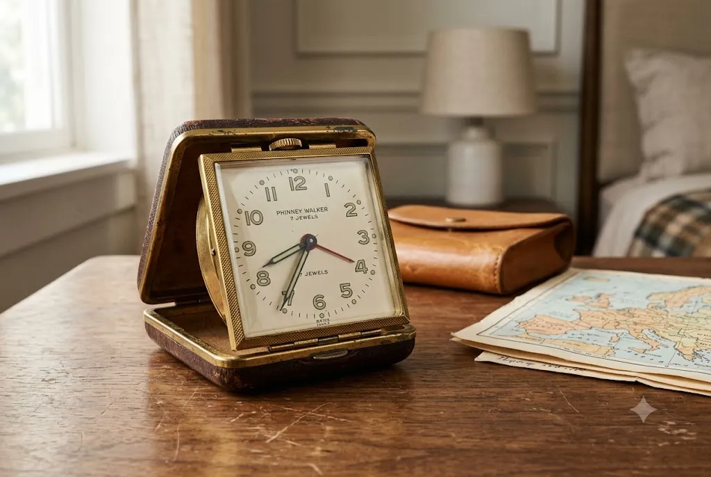 Vintage Phinney Walker folding travel alarm clock displayed on a wooden bedside table