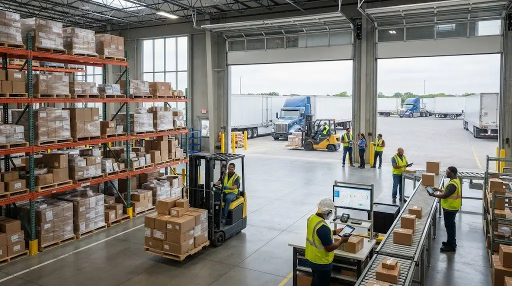Modern logistics warehouse with freight operations and organized supply chain inventory