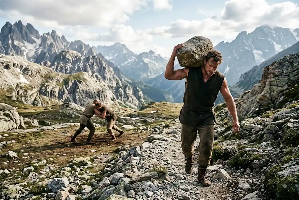 Athlete carrying a large stone across rugged mountain terrain while other athletes practice grappling in the background