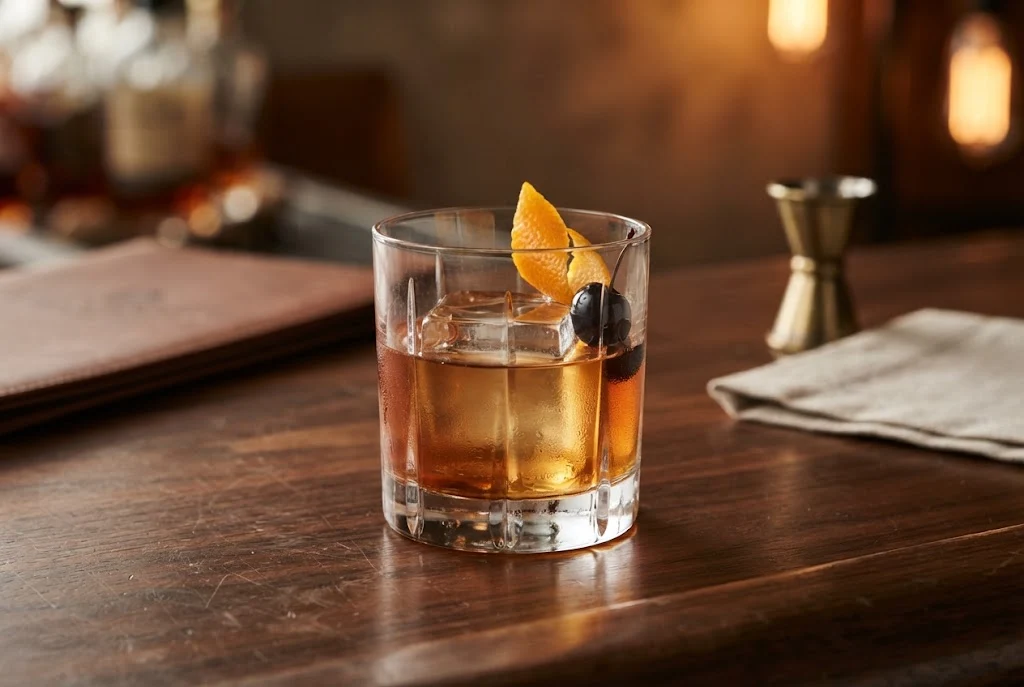 Strongwater Old Fashioned cocktail with orange peel and cherry garnish