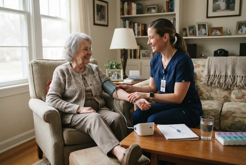 Home health nurse providing professional care to an older adult at home