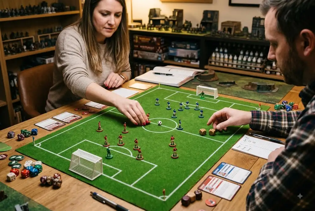 Miniature soccer players arranged on a tabletop field during a strategic sports gaming session