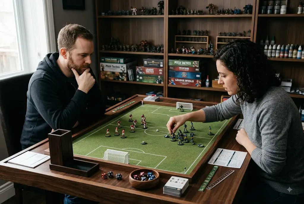 Players planning tactics with miniature sports figures, dice, and markers on a tabletop field