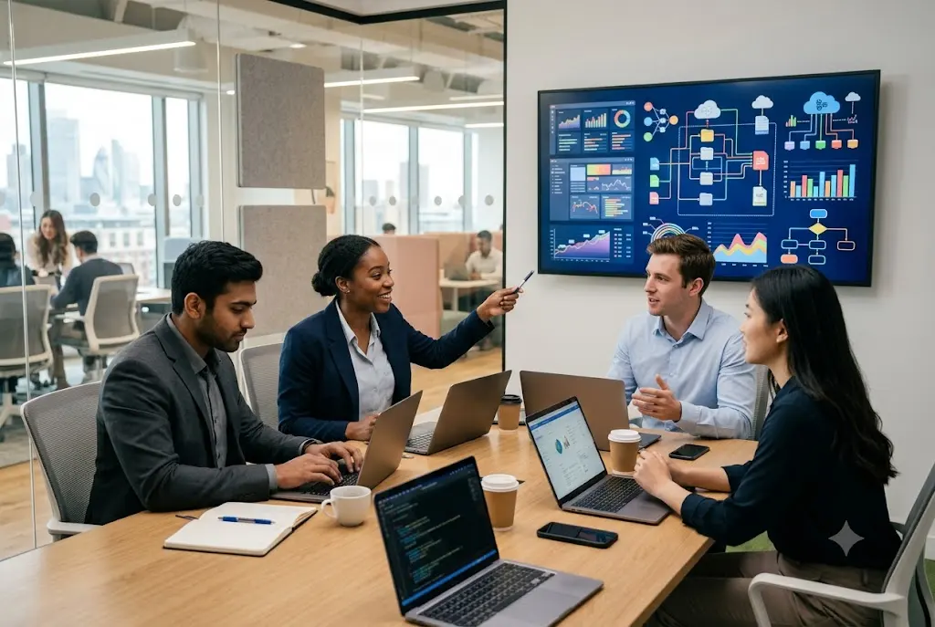 Technology summer analysts collaborating on a digital consulting project in a modern office