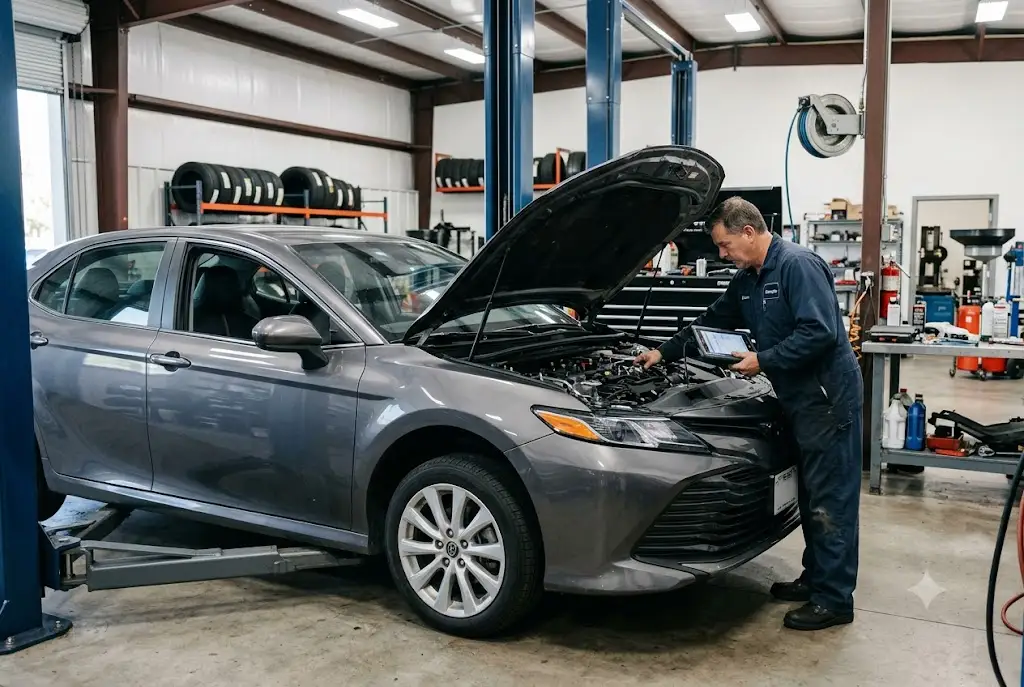 Mechanic inspecting a passenger car inside a professional auto repair workshop