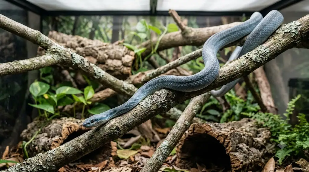 Vietnamese Blue Beauty Snake climbing through branches in a spacious reptile enclosure
