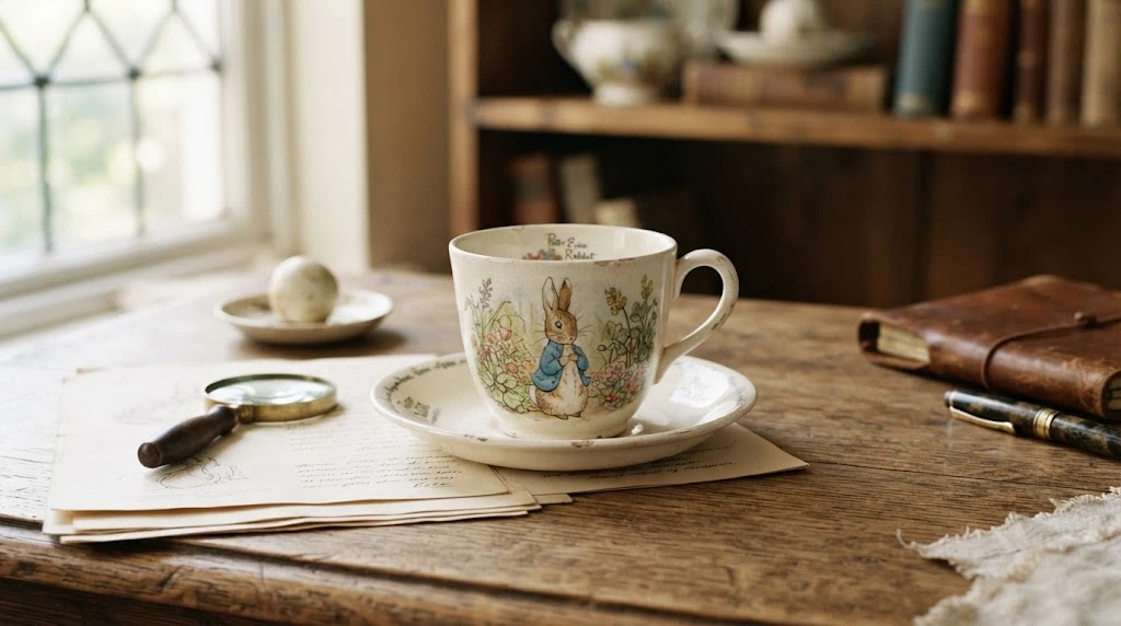 Vintage Peter Rabbit ceramic cup displayed as a collectible
