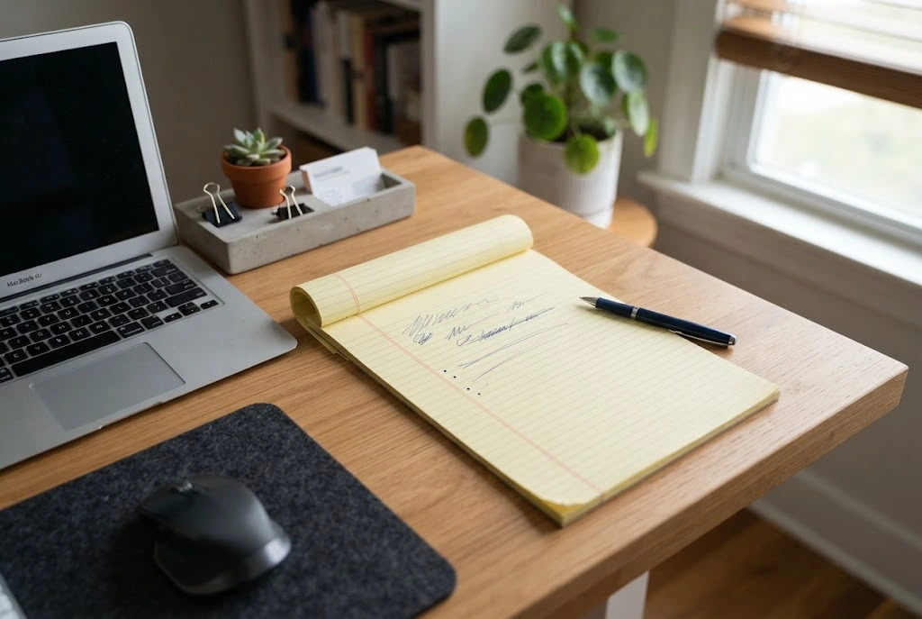 Yellow legal pad with pen on a modern workspace for writing and brainstorming
