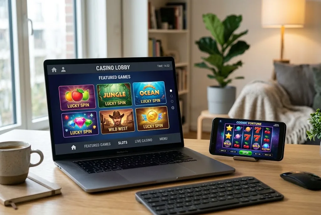 Generic online casino games displayed on a smartphone and laptop