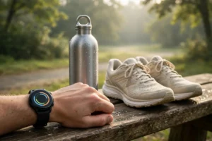 The best smartwatches for fitness — a smartwatch on a wrist beside running shoes and a water bottle outdoors