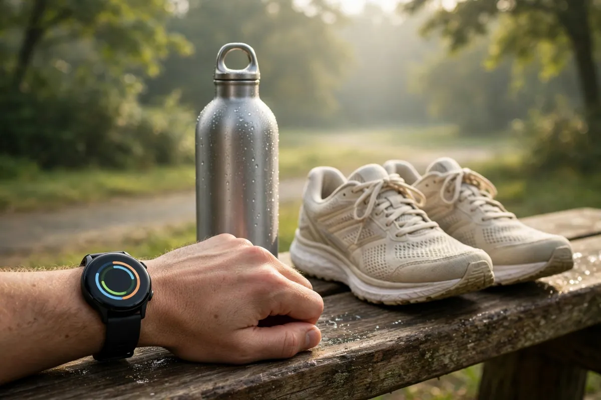 The best smartwatches for fitness — a smartwatch on a wrist beside running shoes and a water bottle outdoors